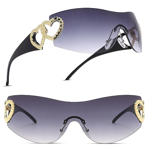 Ueeqito Rimless Y2K Sonnenbrille für Frauen Männer, Wrap Around Mode Sonnenbrille übergroße rahmenlose trendige 2000er Jahre trendige Sonnenbrille (Schwarz) von Ueeqito