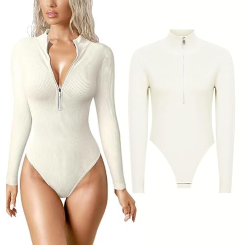 Ueeqito Women's Stück Bodys - Ribbed One Piece Sleeve Long Sleeve T Shirts Bodysuit Jumpsuit (White, L) von Ueeqito