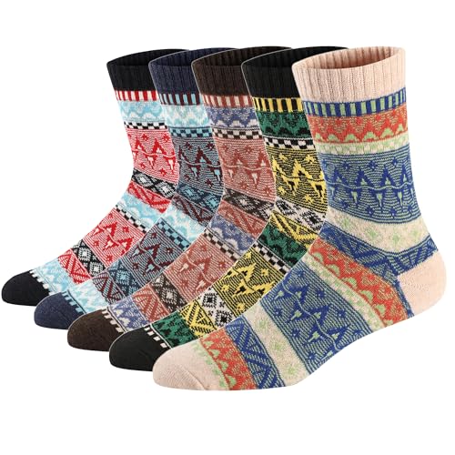 Ueither 5 Paar Unisex Wollsocken – Baumwollsocken – Stricksocken | für Männer & Frauen | Vintage Stil | Warme Crew Socken für Herbst & Winter (38-43, Farbe 14) von Ueither