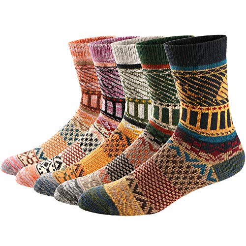 Ueither 5 Paar Unisex Wollsocken – Baumwollsocken – Stricksocken | für Männer & Frauen | Vintage Stil | Warme Crew Socken für Herbst & Winter (38-43, Farbe 8) von Ueither