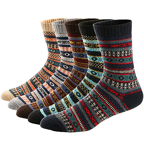 Ueither 5 Paar Unisex Wollsocken – Baumwollsocken – Stricksocken | für Männer & Frauen | Vintage Stil | Warme Crew Socken für Herbst & Winter (38-43, Farbe 9) von Ueither