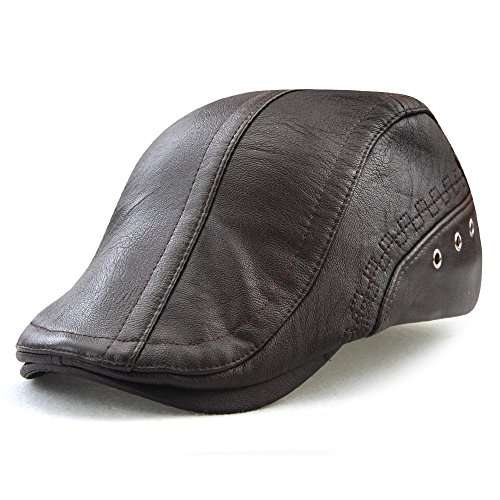 Ueither Herren PU Leder Gatsby Verstellbare Schirmmütze Kappe Newsboy Flat Cap 56-60cm (Dunkler Kaffee) von Ueither