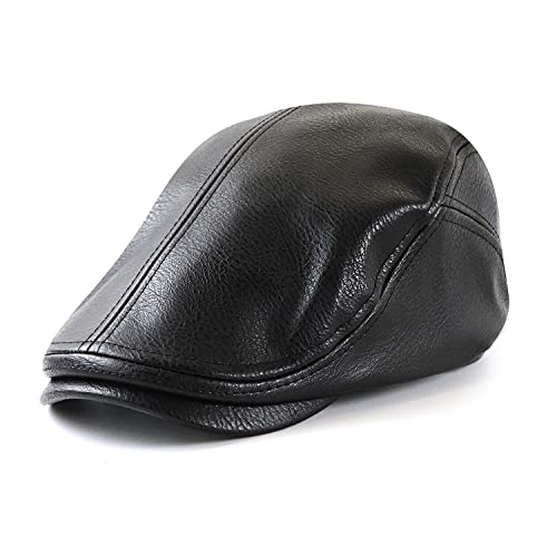 Ueither Herren Schiebermütze Verstellbare PU-Leder Jagd Flatcap Newsboy Cap Ivy Golf Cabbie Hut 56–60 cm (Schwarz) von Ueither