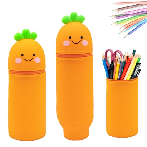 Ueiwffzo 1 Stück Federmäppchen aus Silikon, 2-in-1 Federmäppchen, Cartoon Tier Federmappe, Niedliche Federmäppchen Pencil Case für Studenten, Jugendliche, Erwachsene (Karotte) von Ueiwffzo