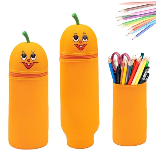 Ueiwffzo 1 Stück Federmäppchen aus Silikon, 2-in-1 Federmäppchen, Cartoon Tier Federmappe, Niedliche Federmäppchen Pencil Case für Studenten, Jugendliche, Erwachsene (Kürbis) von Ueiwffzo