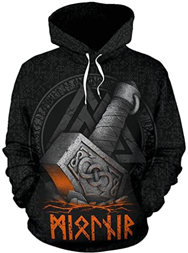 Norse Viking Tattoo Hoodie for Männer, 3D drucken Nordic Thor's Hammer Rune Mode Vintage Pullover Sweatshirt (Color : Hoodie, Size : XL) von Uezenu