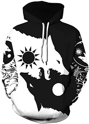 Uezenu Männer Wikinger Yin Yang Hoodie, Norse Mythologie Fenrir Wolf Tattoo 3D Print Pullover Street Harajuku Jacke (Color : Hoodie, Size : 3XL) von Uezenu