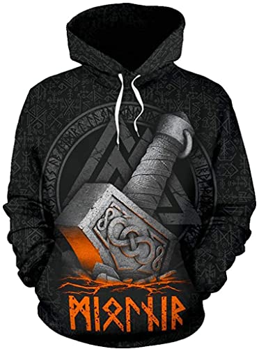 Unisex Viking Mjolnir Hoodie, Nordic God Odin Thor's Hammer Tattoo 3D Prinded Pullover, Straße Harajuku Jacke (Color : Hoodie, Size : L) von Uezenu