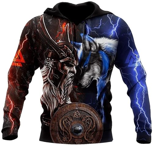 Wikinger Odin gegen Wolf Hoodie, 3D-Druck Rune Tattoo Pattern Pullover Herren Totem Streetwear Mit Kapuze Sweatshirts (Color : Hoodie, Size : 3XL) von Uezenu