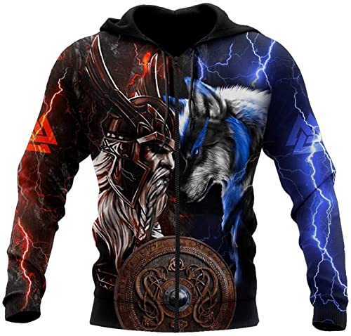 Wikinger Odin gegen Wolf Hoodie, 3D-Druck Rune Tattoo Pattern Pullover Herren Totem Streetwear Mit Kapuze Sweatshirts (Color : Zipper Hoodie, Size : XXL) von Uezenu