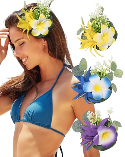 Hawaiianische Blumen-Haarspangen für Damen, Orchideen-Haarklammern, künstliche Hibiskusblüten, Haarspangen für Hochzeit, Brautparty, Strandparty (blau + lila + gelb), 3 Stück von Ufgin