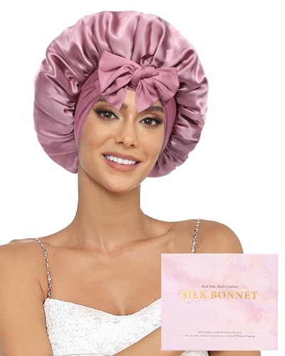 Ufgin 100 % Maulbeerseide für schlafende Frauen, doppellagige Seidenhaarhaube, natürliche Seide, Schlafmütze mit elastischem, wendbarem Haarwickel (Bohnenpaste + Hellrosa) von Ufgin