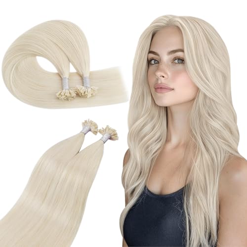 Ugeat Bondings Extensions Echthaar 45 cm Blond Keratin Bonding Echthaar Extensions U Tip Platinblond für Frauen Echthaar Bondings Extensions Echthaar Bondings Weißblond für Datum 50g 1s/g #60A von Ugeat