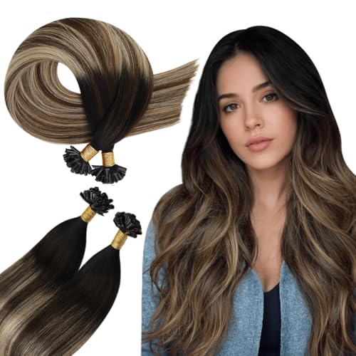 Ugeat Bondings Extensions Echthaar 50cm Ombre Schwarz Glatt U Tip Remy Echthaar Extensions Bondings Braun Blond Balayage Haarverlängerung Keratin 50g 50 Strähnen für Mädchen 1B/4/27 von Ugeat