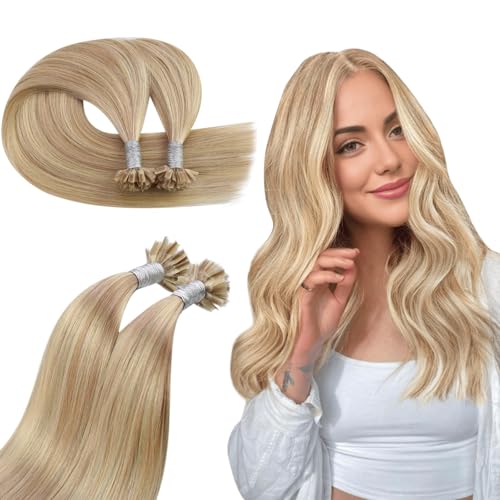 Ugeat Bonding Extensions Echthaar Goldblond 35 cm Leicht U Tip Extensions Echthaar Bondings Blond Highlight Hellblond Keratin Haarverlängerung für Frauen 50 Strähnen 50G #16/22 von Ugeat