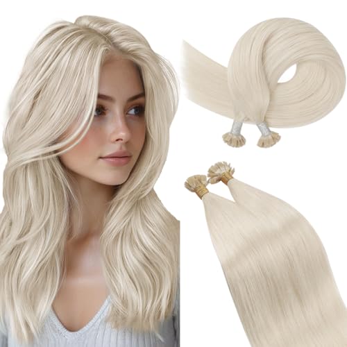 Ugeat Bondings Extensions Echthaar Blond 45 cm für Frauen Flat Tip Keratin Extensions Echthaar Bondings Platinblond Echt Haarverlängerung für Datum 50g Weißblond 1s/g #60 von Ugeat