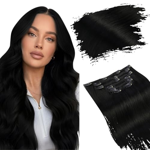 Ugeat Clip in Extensions Echthaar 40cm Schwarz Günstig Echthaar Clip in Extensions Schwarz #1 Natürlich 7 Stück für Frauen 120g von Ugeat