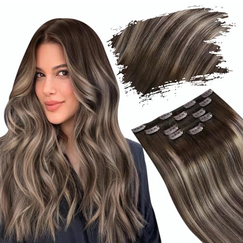 Ugeat Clip in Extensions Echthaar Balayage 30cm Haarverlängerung Echthaar Clip in Extensions Dunkelbraun zu Karamellblond 5 Stück 85g für Frauen #4/18/4 von Ugeat
