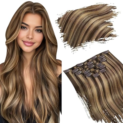 Ugeat Echthaar Clip in Extensions 55cm Blond Highlight Braun Glatt Echthaar Extensions Clip in Haarverlängerung Vollkopf 7 Stück 120g für Mädchen #P4/27 von Ugeat