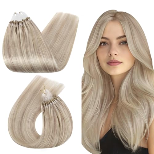 Ugeat Echthaar Extensions Microring 50 cm Aschblond Glatt Microring Extensions Echthaar Blond Micro Haarverlängerung 50g für Mädchen 50 s 18/613 von Ugeat