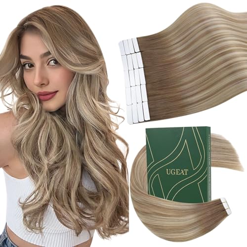 Ugeat Tape in Extensions Echthaar Ombre Blond 30 cm Leicht Echthaar Extensions Tape Hellblond Natürlich Haarverlängerung Invisible für Frauen 20 Stück 30g #9A/60/9A von Ugeat