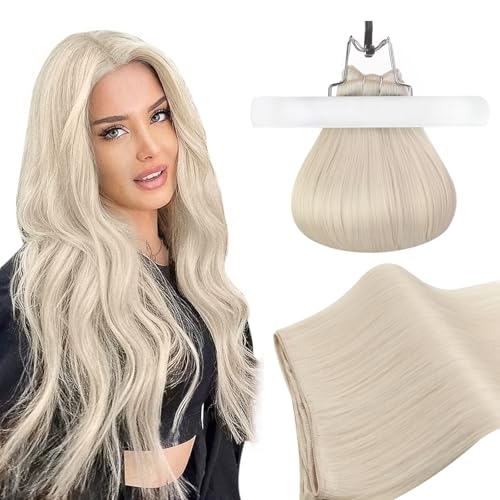 Ugeat Echthaar Tressen zum Einnähen 50cm Platinblond Extensions Tressen Echthaar Blond Glatt Invisible Weft Extensions 105 G für Mädchen #60A von Ugeat