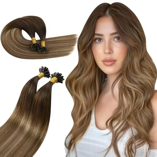 Ugeat Extensions Bondings Echthaar Braun Balayage 50cm Add Length Keratin Bonding Extensions Echthaar U Tip For Women Mittelbraun Ombre Hellbraun mit Goldblond 50g 50 Strähnen von Ugeat