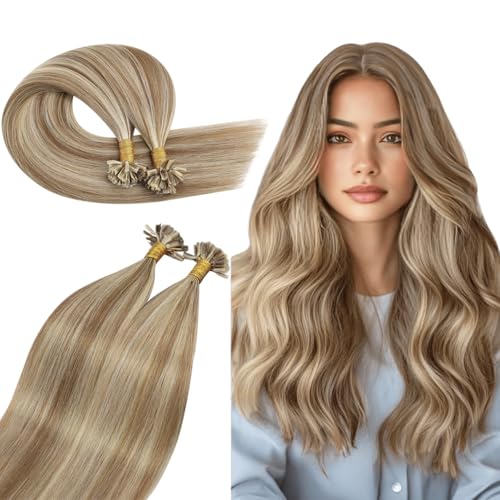 Ugeat Extensions Echthaar Bondings 45cm Blond Braun Weich U Tip Bonding Extensions Echthaar Goldbraun Highlight für Mädchen Remy Hair Extensions Keratin Platinblond 1g/s 50G #10/613 von Ugeat