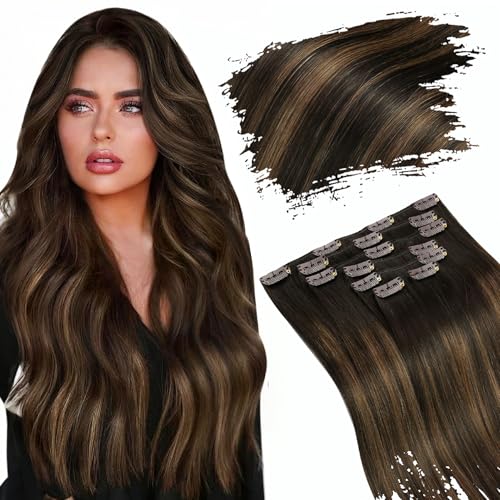 Ugeat Extensions Echthaar Clip 50cm Ombre Braun Glatt Haare Invisible Clip In Extensions Echthaar Balayage Dunkelbraun für Frauen Haarverlängerung 7 Stück 120G #2/2/6 von Ugeat