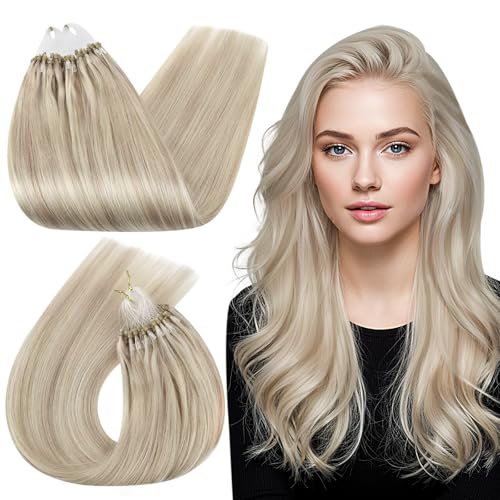 Ugeat Extensions Echthaar Microring 40cm Blond Gerade Haarverlängerung Microring Loop Extensions Echthaar Aschblond Highlight Platinblond für Mädchen 50g 50s 18/613 von Ugeat