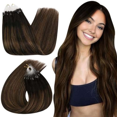 Ugeat Extensions Echthaar Microring 45cm Braun Balayage Remy Microring Extensions Echthaar Ombre Hellbraun Glatt 50G Haarverlängerung Echthaar Microring Extensions für Mädchen 50 Strähnen #2/6/2 von Ugeat