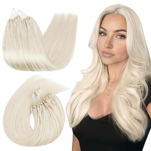 Ugeat Extensions Echthaar Microring Blond Gerade 55 cm Echthaar Extensions Microring Platinblond Cold Fusion Microring Loop Extensions Echthaar für Mädchen 50G 50 Strähnchen #60A von Ugeat