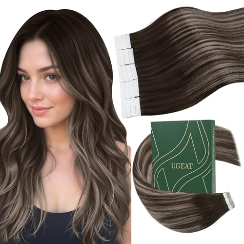 Ugeat Tape in Extensions Echthaar Braun 35 cm Invisible Tape in Extensions Ombre Braun zu Aschblond Balayage für Frauen 20 Stück 40G #4/18/4 von Ugeat