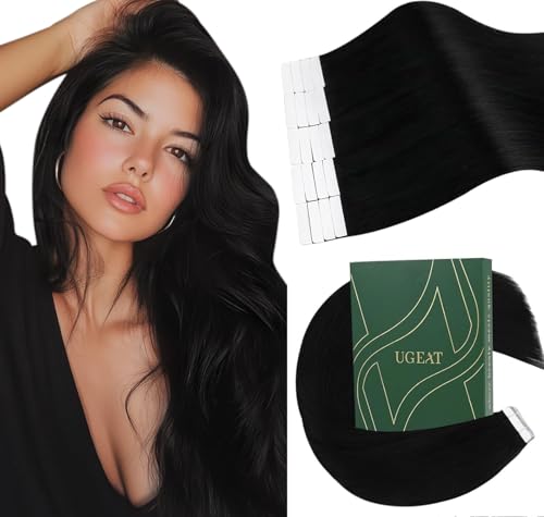 Ugeat Echthaar Extensions Tape 55cm Schwarz Glatt Extensions Echthaar Tape Extensions Schwarz Haarverlängerung Tape für Frauen 20 Stück 50 Gramm #1 von Ugeat