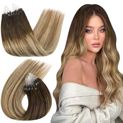 Ugeat Micro Extensions Echthaar Microring Ombre Braun Blond 35cm Weich Microring Loop Extensions Echthaar Hellbraun Mit Blond für Mädchen 50g 50 Strähnchen #4/6/613 von Ugeat