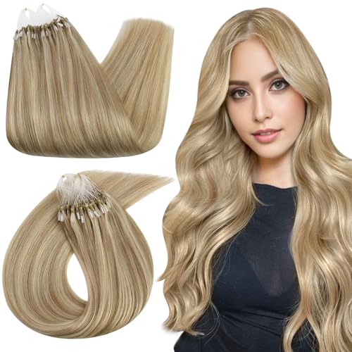 Ugeat Microring Extensions Echthaar 45cm Hellblond Micro Loop Extensions Echthaar Microring Blond Echth Haarverlängerung Gerade Goldblond Highlight 50gm 50 Strähnchen für Frauen #16/22 von Ugeat