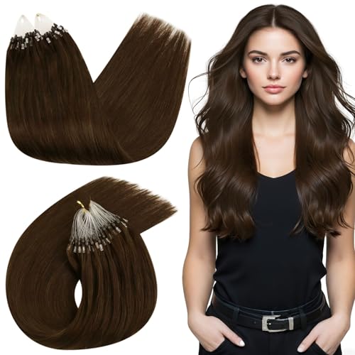 Ugeat Microring Extensions Echthaar Schokobraun 45cm Micro Extensions Braun Echthaar Glatt Extensions Echthaar Microring für Frauen 50G 50 Strähnen #4 von Ugeat