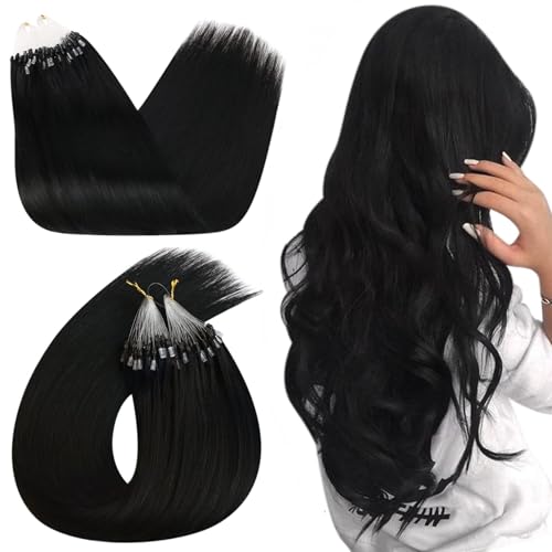 Ugeat Microring Extensions Echthaar 40cm Schwarz für Frauen Extensions Micro Echthaar Extensions Microring Natürlich Extensions Echthaar Microring Schwarz #1 Seidige 50 Strähnchen 50g von Ugeat