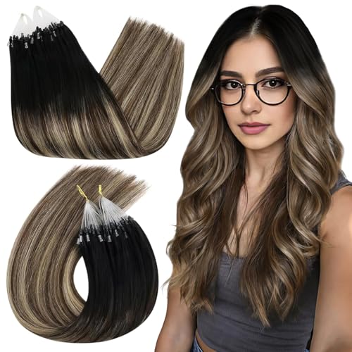 Ugeat Microring Loop Extensions Echthaar Balayage Schwarz 35cm Glatt Micro Loop Extensions Echthaar Microring Braun Mit Karamellbraun 50G für Frauen 50 Strähnchen #1B/4/27 von Ugeat