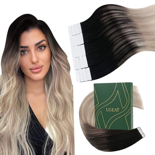 Ugeat Tape Extensions Echthaar Ombre Schwarz 60 cm Echthaar Extensions Tape Haarverlängerung Schwarz Balayage mit Platinblond für Mädchen 50g 20 Stück #1B/18/60 von Ugeat
