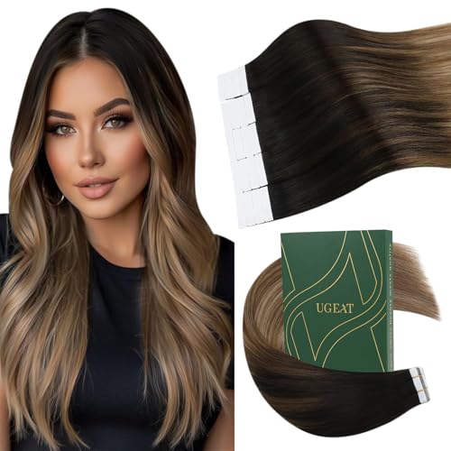 Ugeat Tape Extensions Echthaar Braun Ombre Dunkelbraun Mit Blond 55 cm Seidig Echthaar Extensions Tape Hellbraun Haarverlängerung 20 Stück 50G für Frauen #2/6/12 von Ugeat
