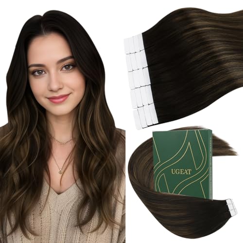 Ugeat Tape in Extensions Echthaar Balayage Dunkelbraun 40 cm Invisible Tape Extensions Echthaar Braun Ombre zu Mittelbraun 20 Stück 50G für Frauen #2/6/2 von Ugeat