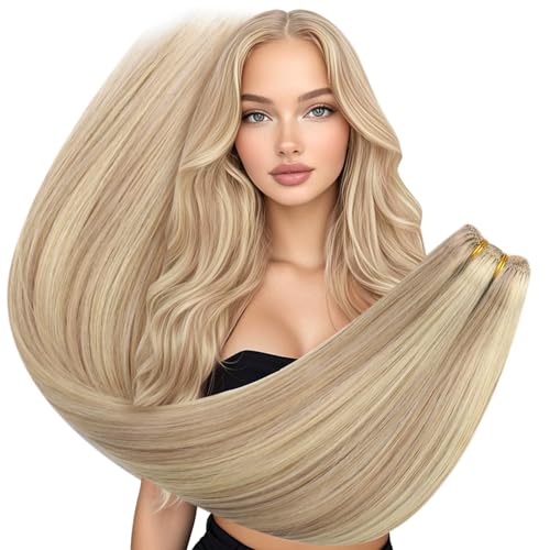 Ugeat Tressen Echthaar 45cm Goldblond Extensions Echthaar Tressen Hellblond Seidig Sew in Hair Extensions Weft Haarverlängerung Blond 100 Grams für Frauen #16/22 von Ugeat