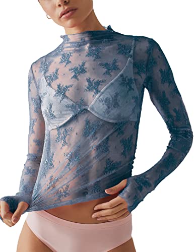 Ugerlov Damen Langarm Mesh Top Mock Neck Sheer Bluse See Through Floral Lace Tops, Blau, Mittel von Ugerlov