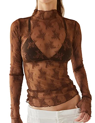 Ugerlov Damen Langarm Mesh Top Mock Neck Sheer Bluse See Through Floral Lace Tops, Braun, Mittel von Ugerlov