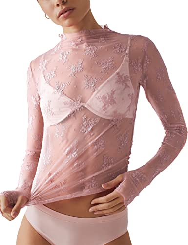 Ugerlov Damen Langarm Mesh Top Mock Neck Sheer Bluse See Through Floral Lace Tops, Pink, X-Groß von Ugerlov