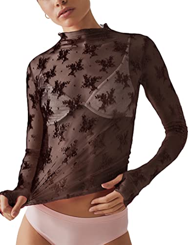 Ugerlov Damen Langarm Mesh Top Mock Neck Sheer Bluse See Through Floral Lace Tops, Schwarz, Groß von Ugerlov