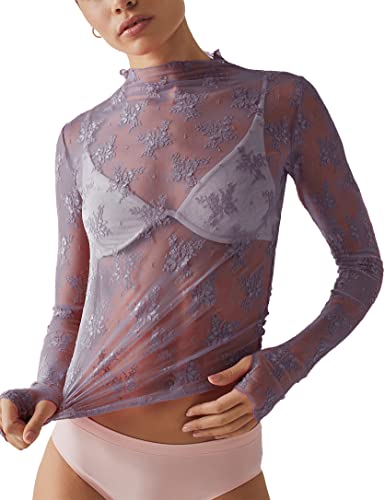 Ugerlov Damen Langarm Mesh Top Mock Neck Sheer Bluse See Through Floral Lace Tops, Violett, Groß von Ugerlov