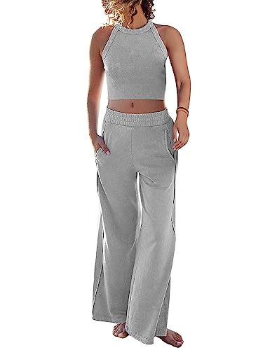 Ugerlov Damen Zweiteilige Sommer-Sets Geripptes Tank Crop Top Weites Bein Hosen 2-teilige Outfits Passende Lounge-Sets Trainingsanzug, GRAU, X-Small von Ugerlov