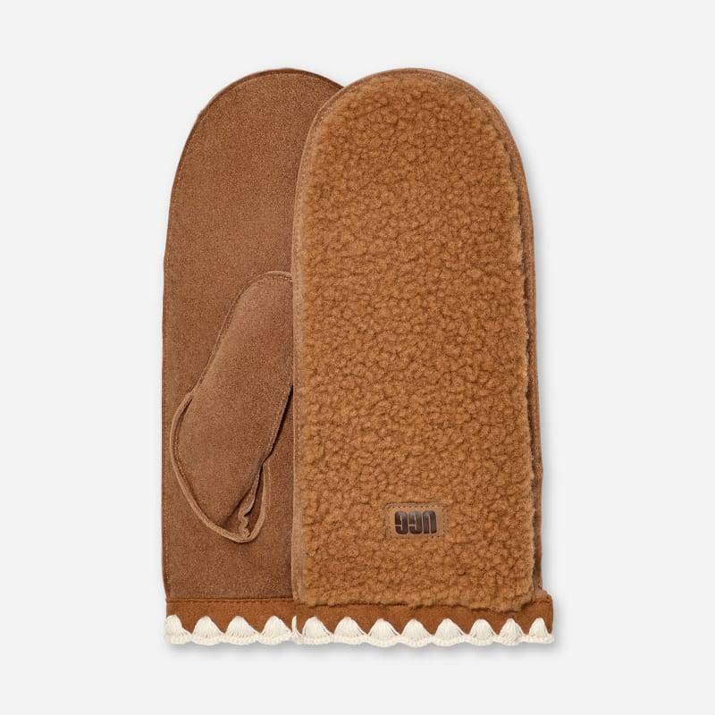 Fäustlinge aus UGG®fluff mit Muschelrand für Damen in Brown, Größe L/XL, Leder/Fleece von Ugg